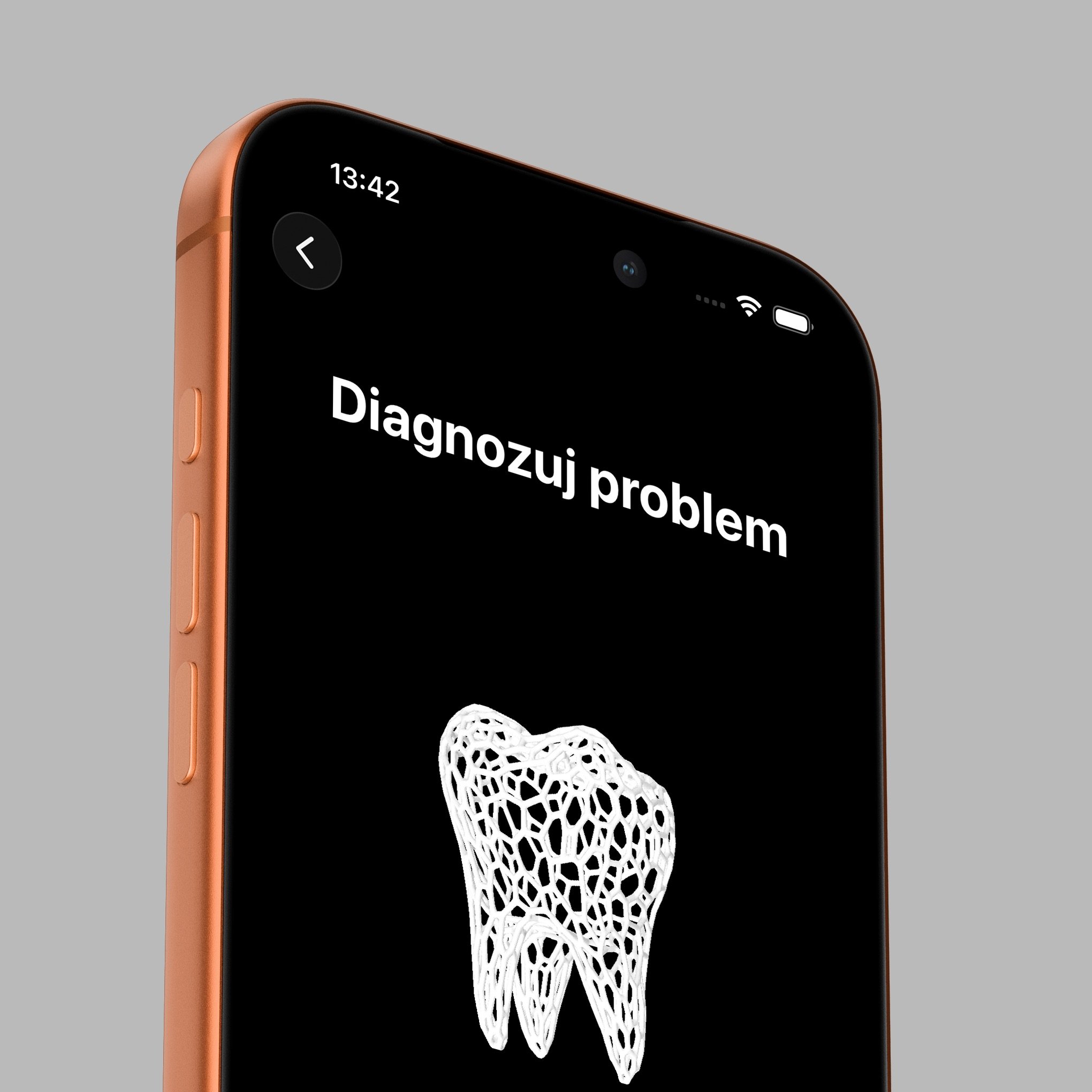 Close-up of a smartphone screen displaying a diagnostic message with a heart icon underneath, on a gray background.