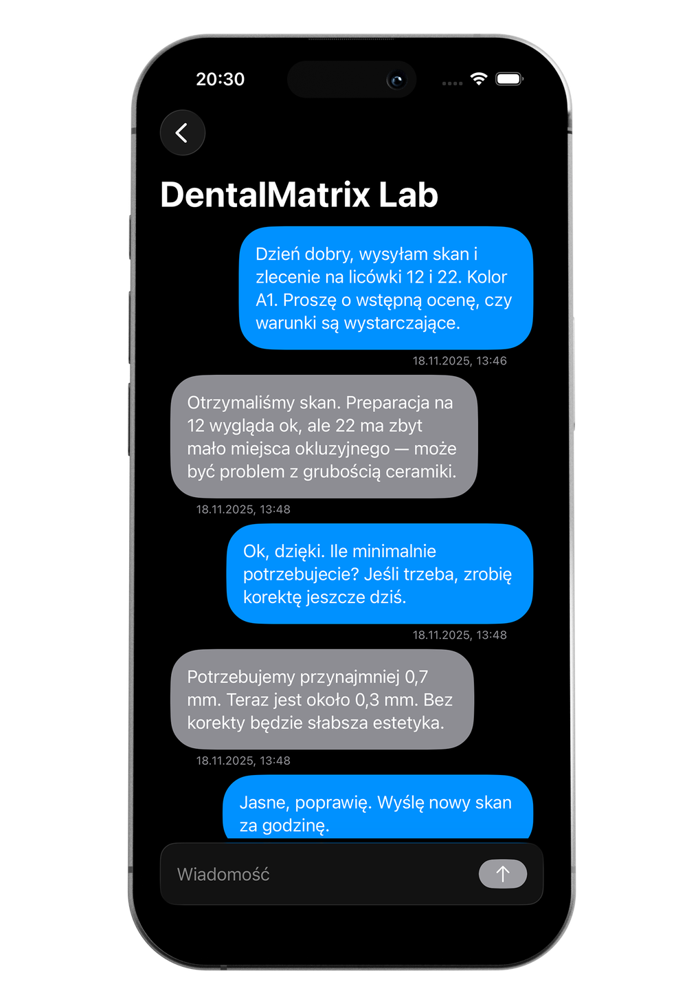 Chat conversation on a smartphone screen in Polish between a dental technician and a lab discussing dental scan details and adjustments.