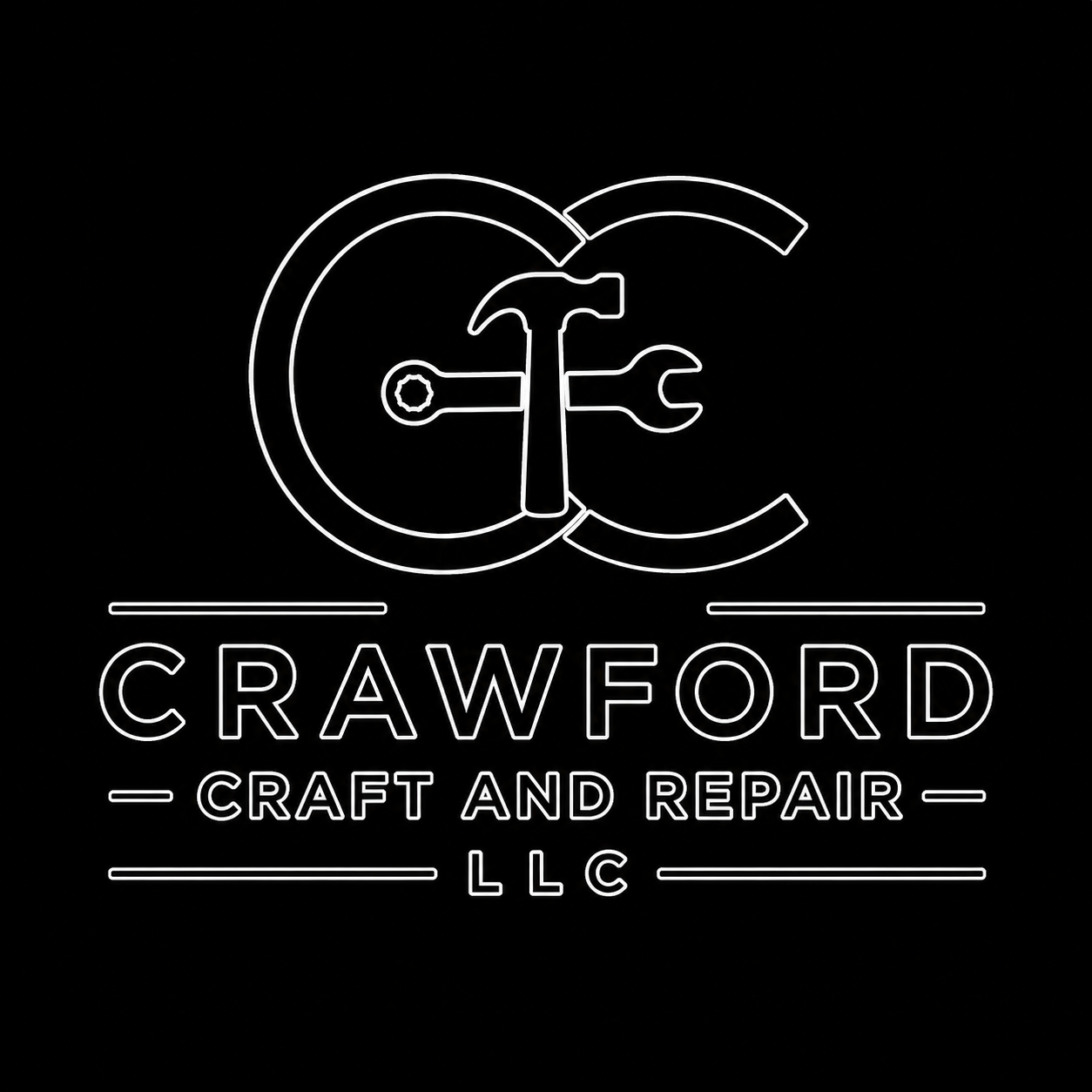 Neon sign for Crawford Craft and Repair LLC featuring a circular logo with a hammer, wrench, and gear, and the company name below.