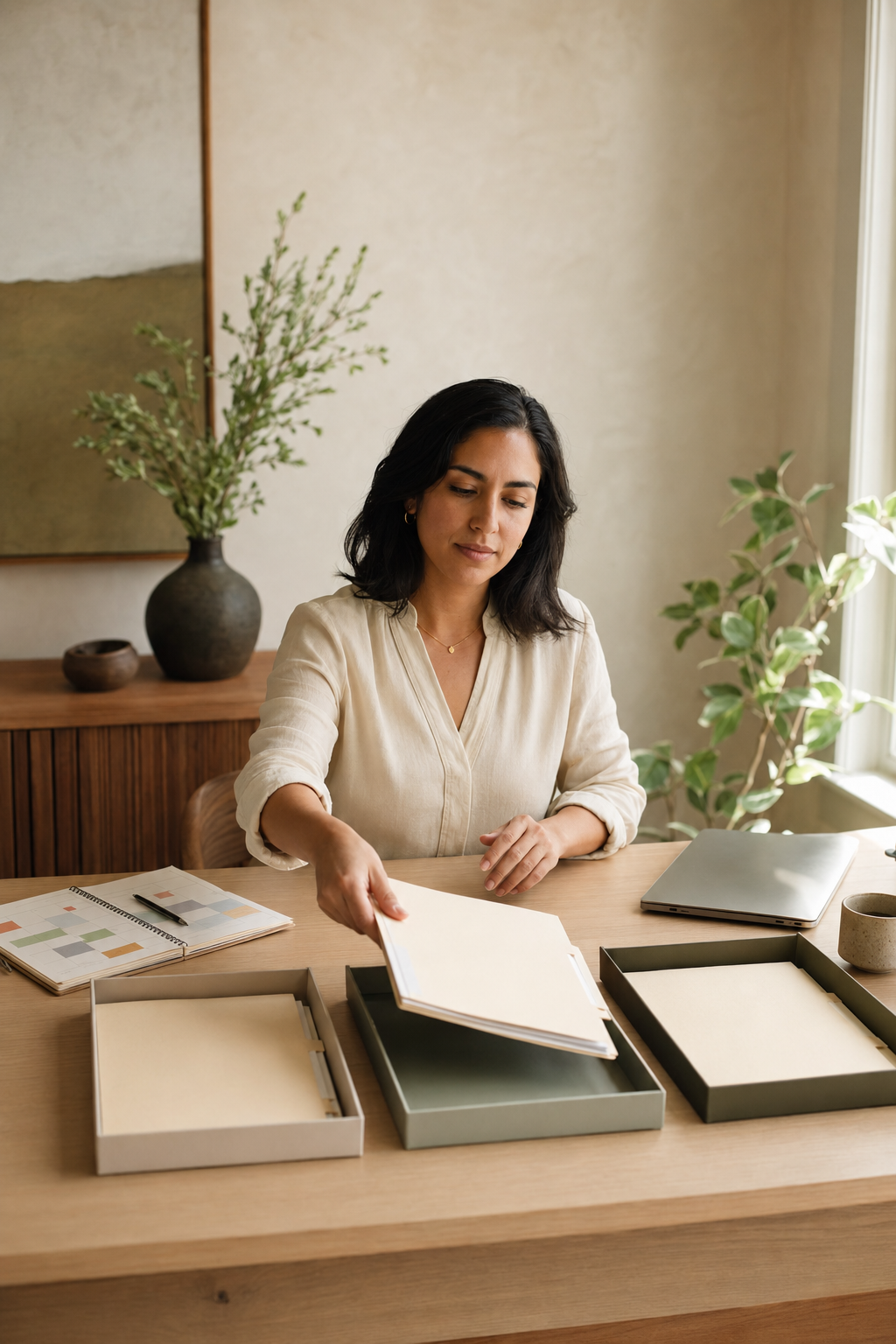Mental health professional organizing documentation and auditing clinical workload metrics.