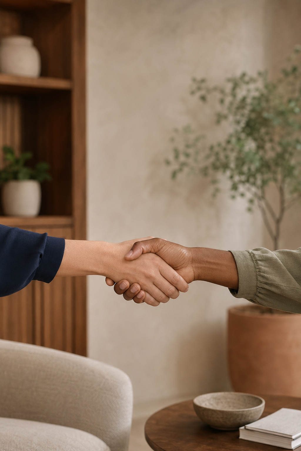AnewRoot, LLC boutique clinical career strategy and peer consulting handshake. Collaborative workload auditing and burnout recovery for Southern California mental health professionals.