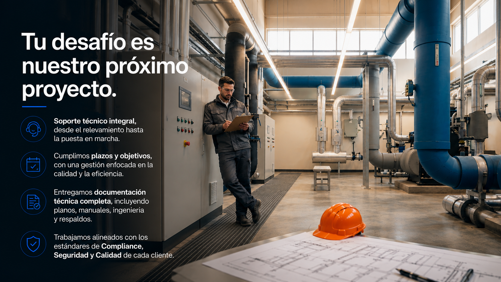 Pared con paneles de control y tuberías en una planta industrial. Persona con gafas y uniforme revisando un clipborde, en primer plano hay un casco naranja y un plano técnico sobre una mesa.
