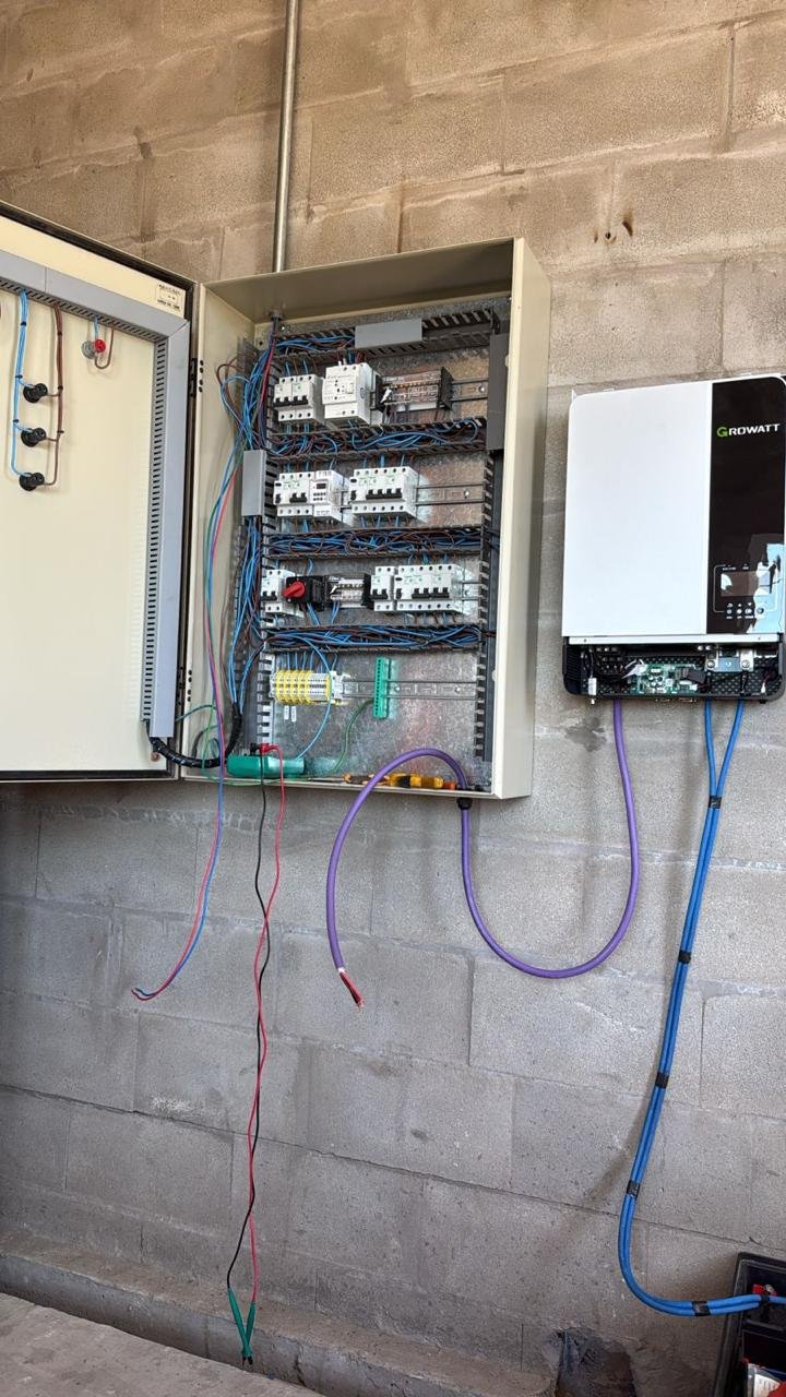 Caja de control eléctrico con cables conectados y un inversor solar junto a una pared de bloques de concreto.