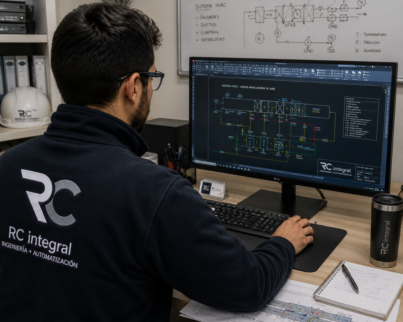 Hombre trabajando en un diseño técnico en una computadora, con planos de sistemas HVAC en la pantalla y en una pizarra blanca detrás