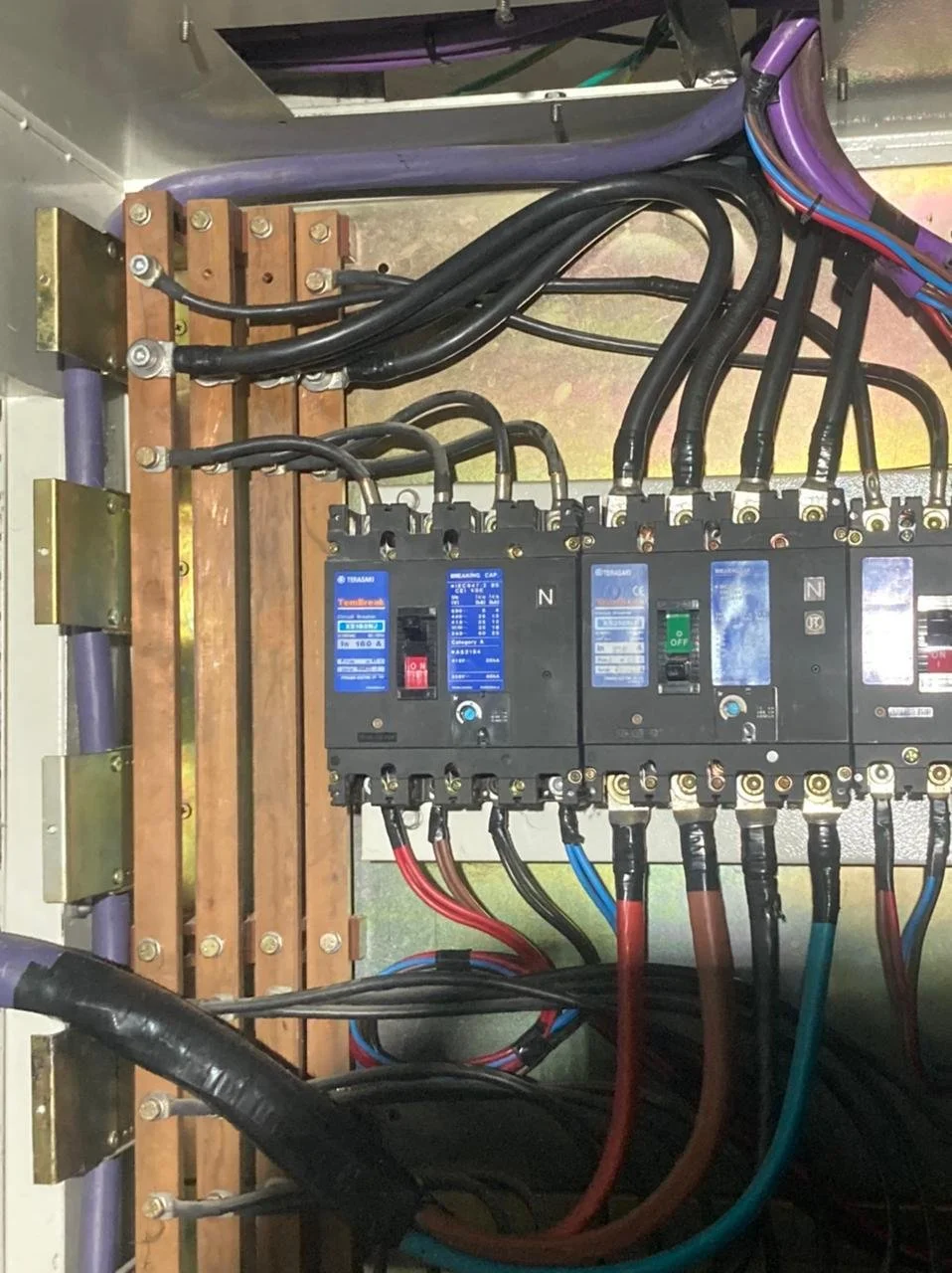 Panel eléctrico con interruptores y cables de diferentes colores, instalado en una caja con base de madera y componentes metálicos.