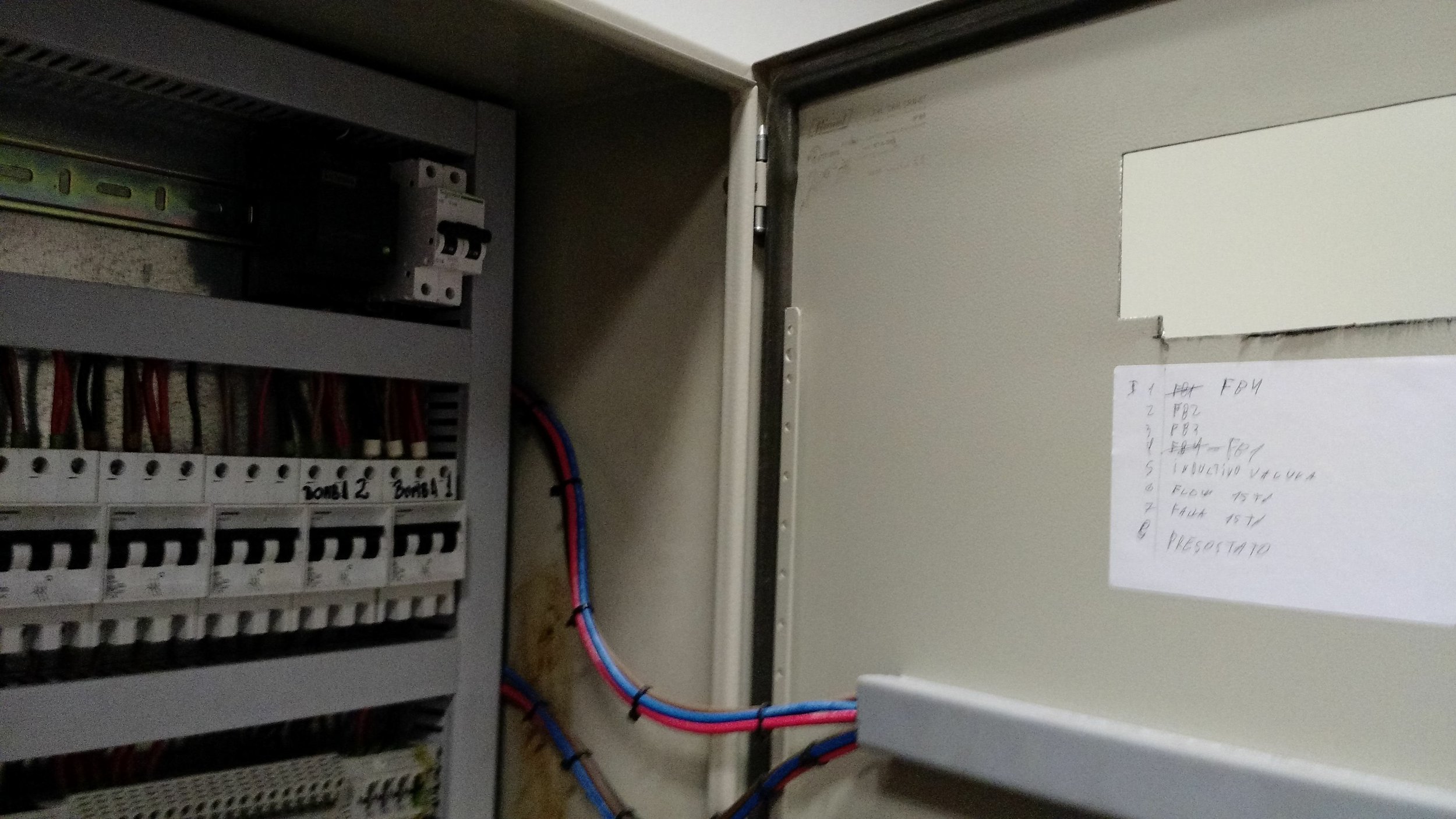 Cuadro de control eléctrico con cables rojos y azules conectados a un panel gris, y una lista escrita a mano en papel pegado a la pared.