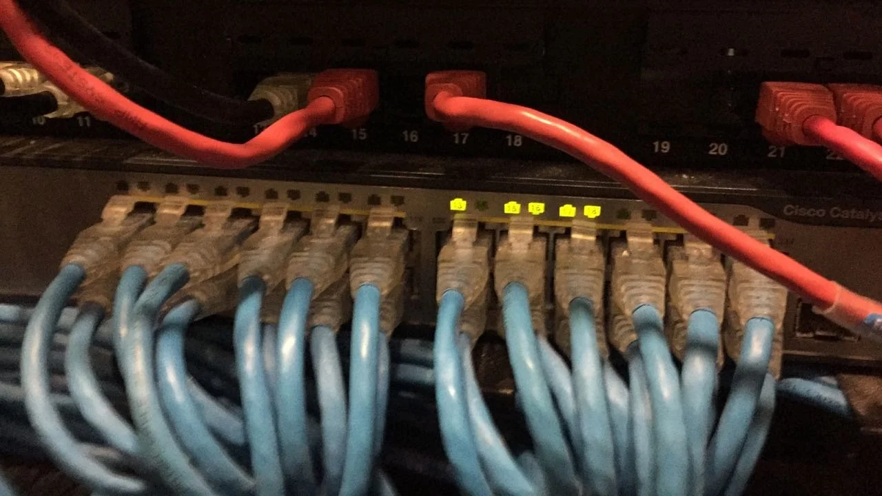Conjunto de cables de red conectados a un switch de red Cisco.