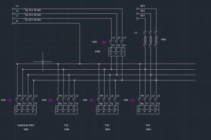 Diagrama eléctrico que muestra conexiones y componentes, incluyendo relés, fusibles, y cables de diferentes calibres.