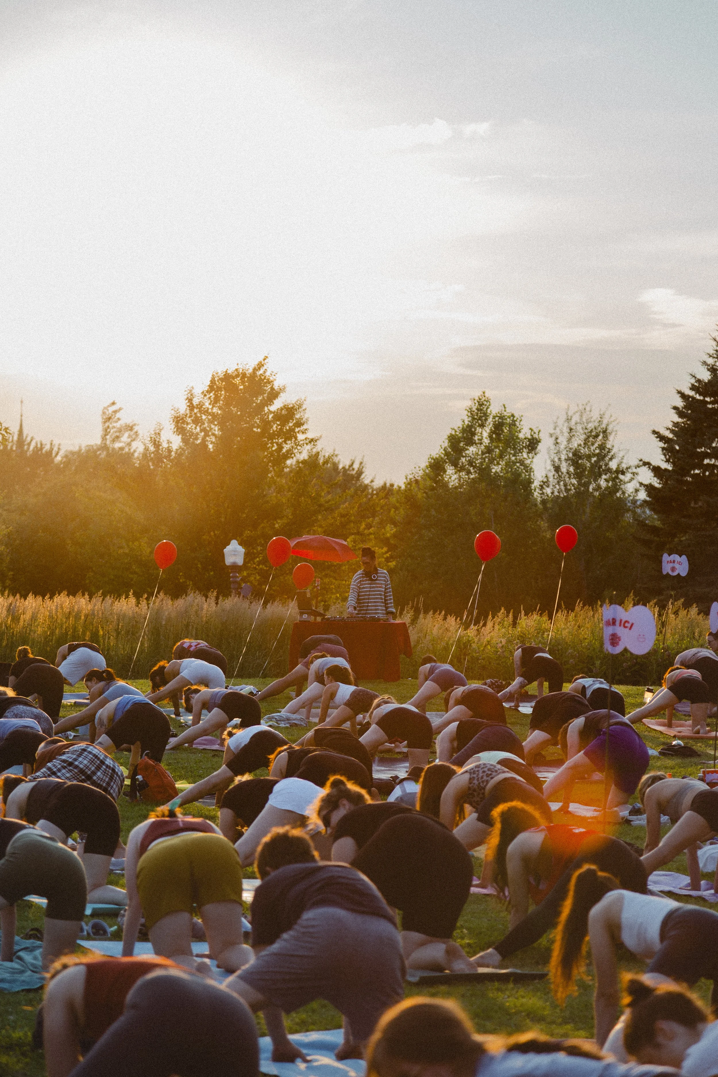 Groupe de personnes faisant du yoga en plein air au coucher du soleil.