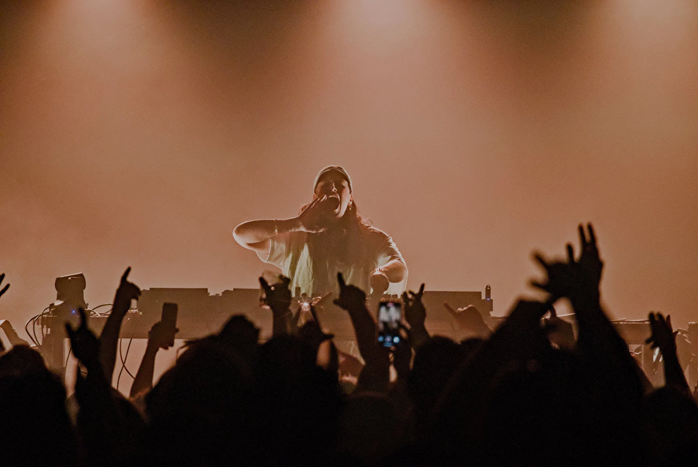Un DJ avec un capuchon, jouant lors d'un concert. La scène est éclairée avec une lumière chaude et une foule de spectateurs dont certains prennent des photos ou vidéos.