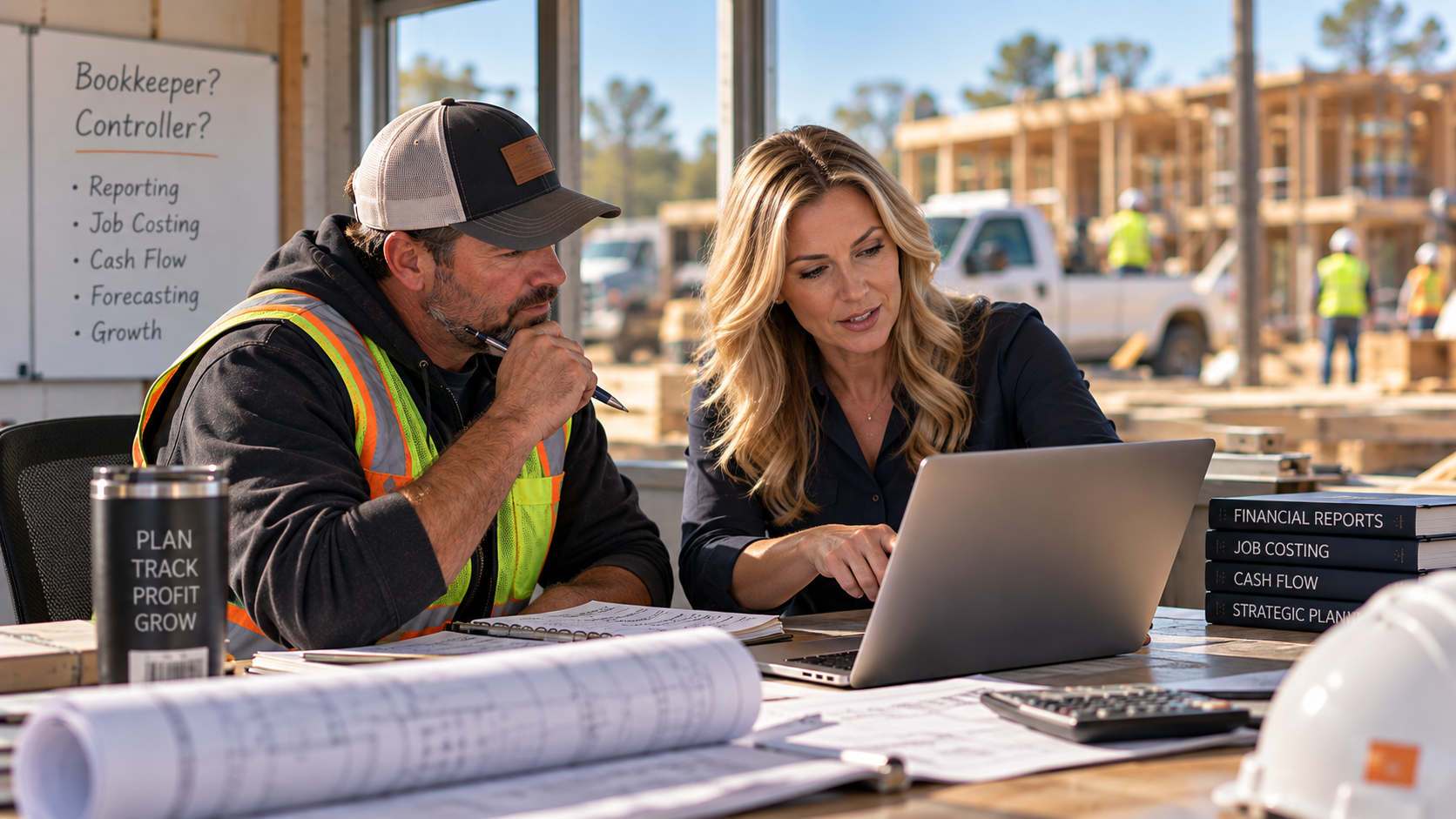 Construction business owner meeting with a financial controller to review company financials