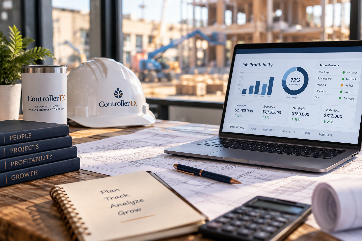 Construction financial dashboard showing job profitability and project performance