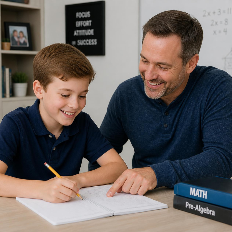 A young boy and a male teacher sitting at a desk, smiling and working on math homework together. There are math and pre-algebra textbooks on the desk.