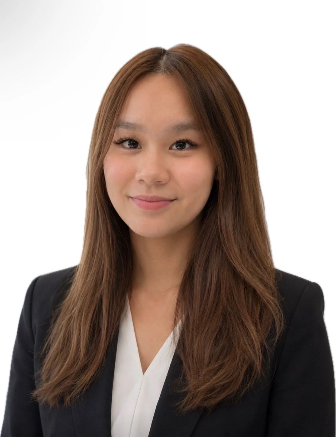 Young woman with long brown hair in a suit jacket on a white background
