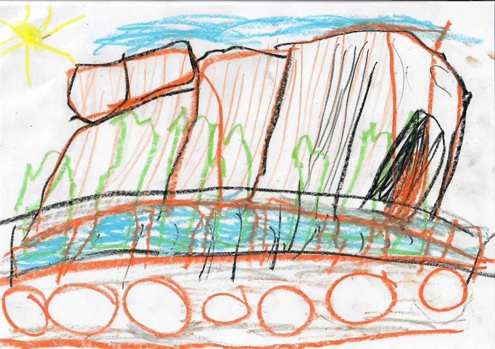 Child's drawing of the Justice League's Bat-Signal with a sun in the sky, green trees, and a blue background.