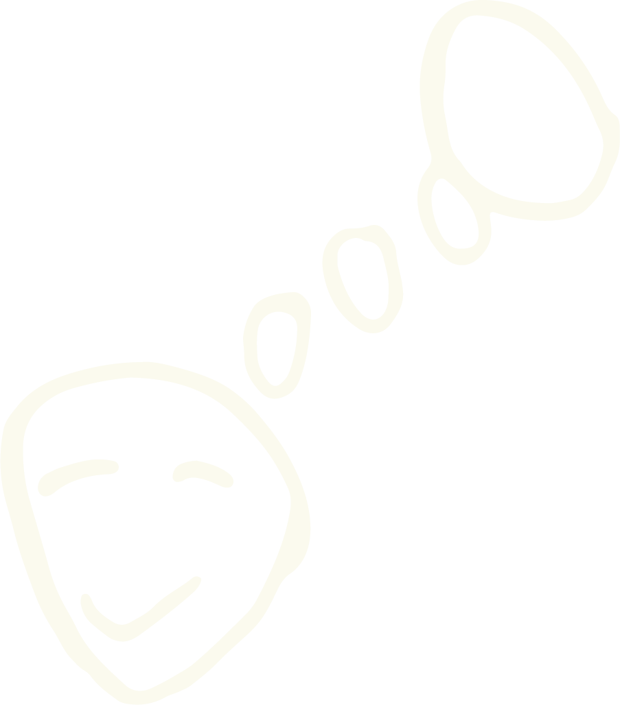 A doodle of a smiling face wearing sunglasses, with circles representing the lenses and footprints leading away.