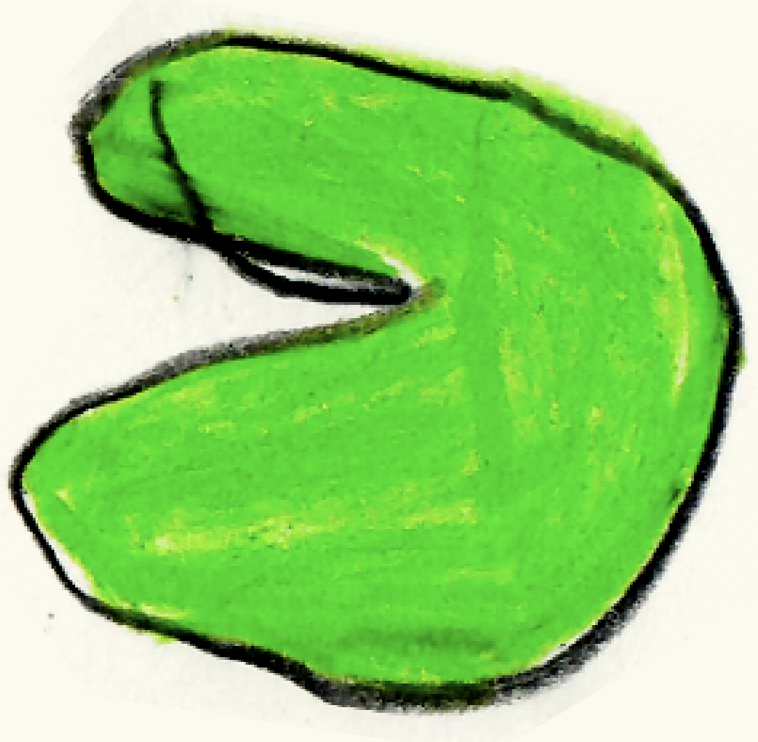 Illustration of a green Pac-Man shaped character with black outlines on a white background.