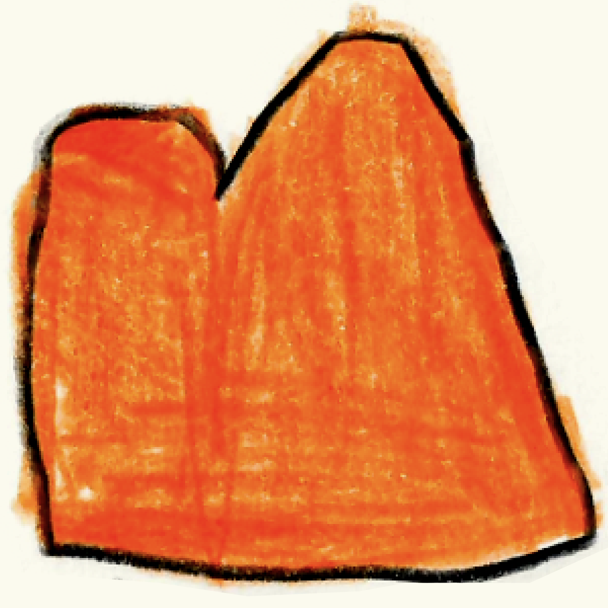 Close-up of an orange-colored object with black outline, resembling a carrot or a carved pumpkin.