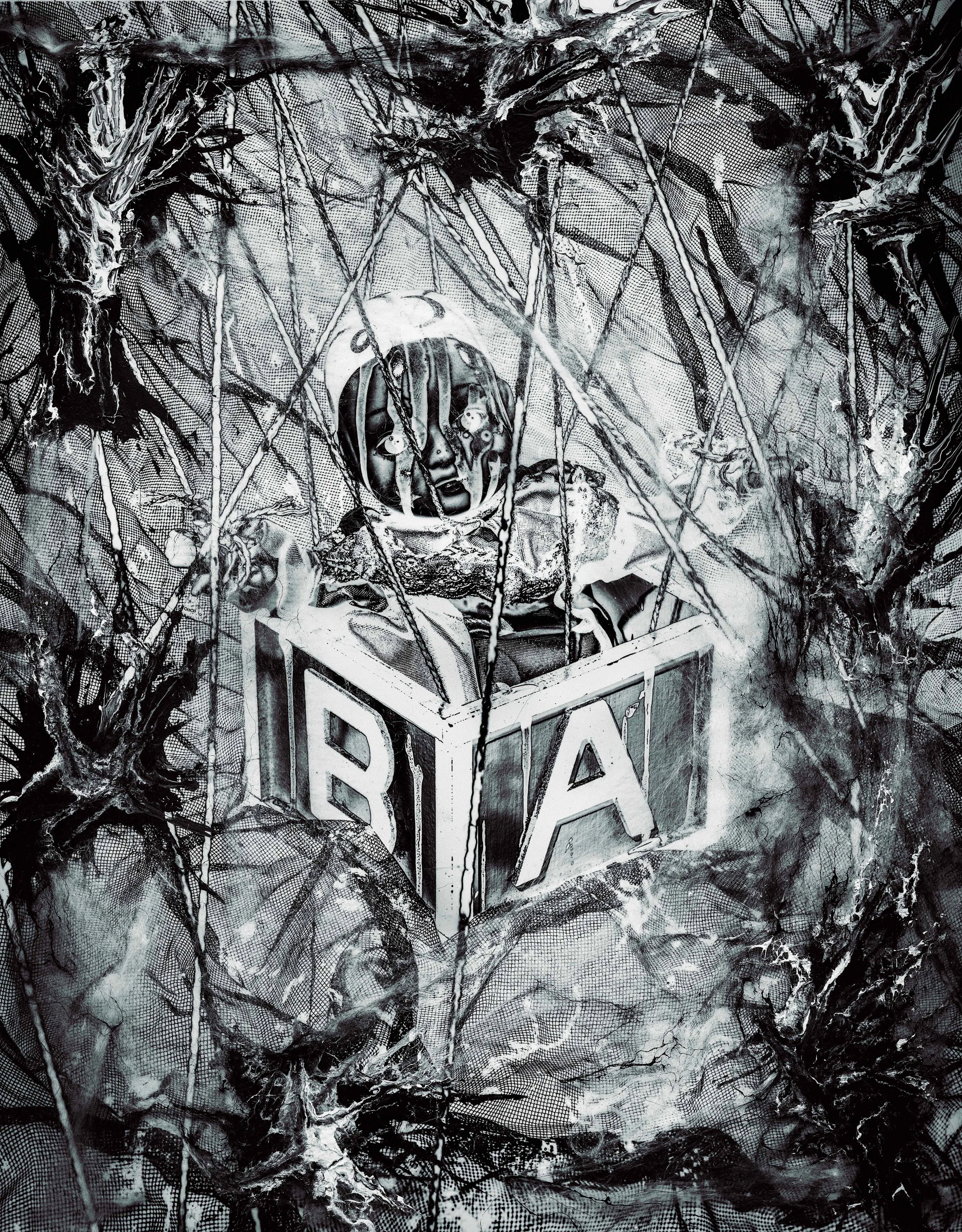 A black and white digital art image features a person with a robotic face wearing a helmet, surrounded by a chaotic web of branches and mesh. A large sign with the word 'AREA' hangs nearby.