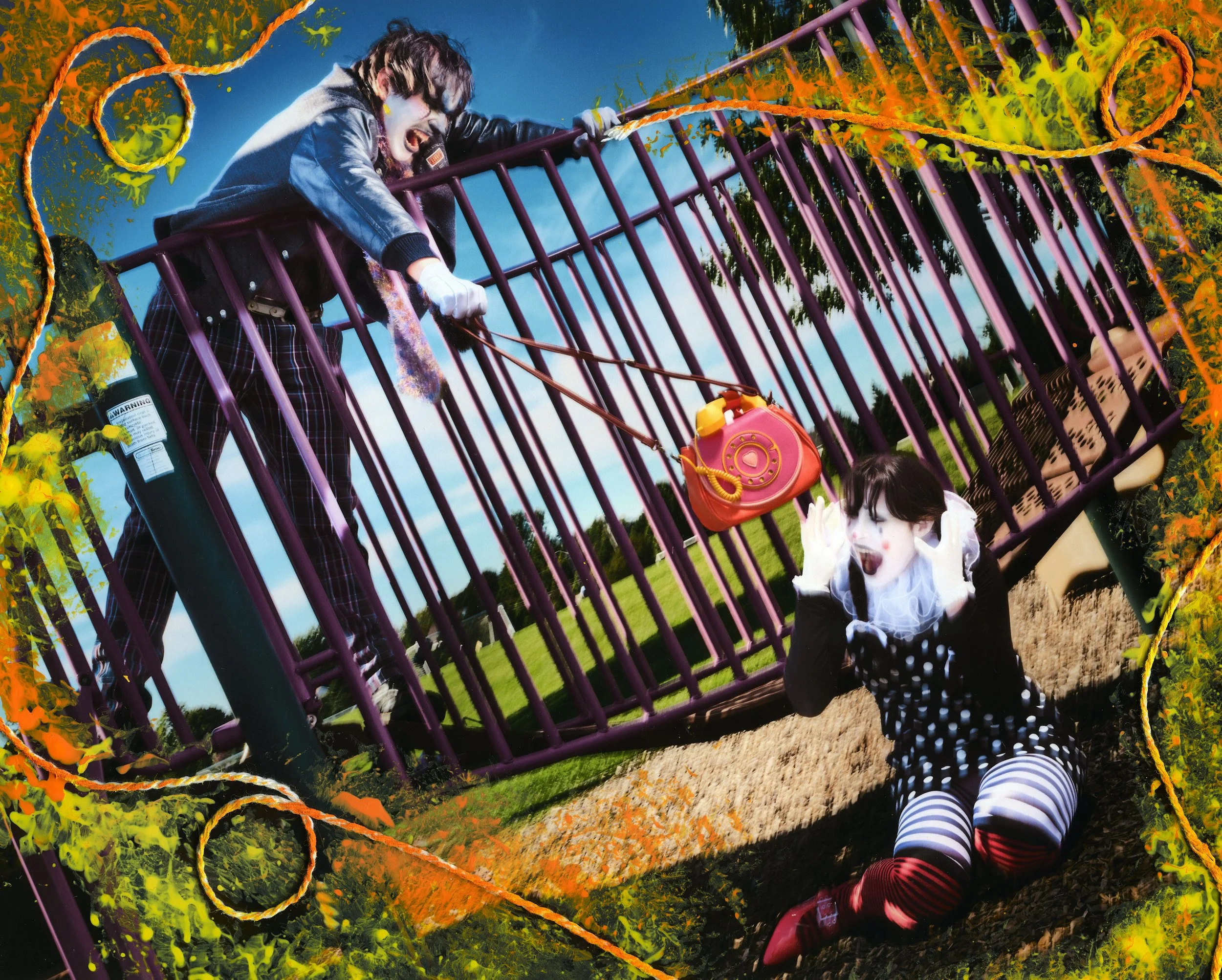People at an amusement park ride with orange and purple safety bars, girls dressed as clowns with painted faces and striped tights, a woman with a scarf, and colorful decorative ropes around the image.