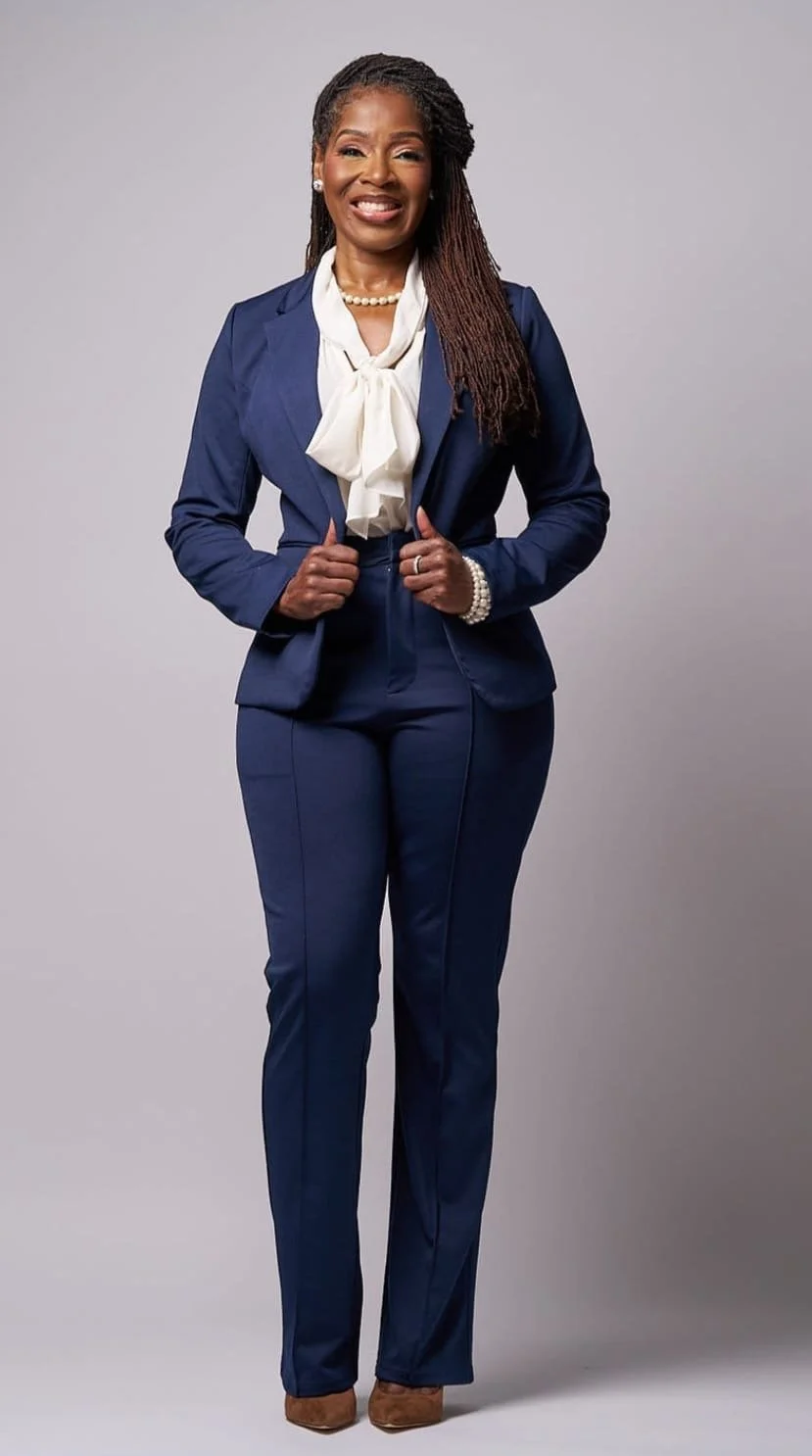 A professional woman wearing a navy suit with a white blouse and pearl jewelry, standing confidently with a gray background.