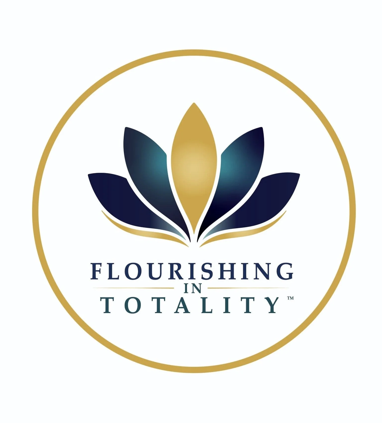 A logo featuring a stylized flower with gold and dark blue petals, surrounded by a gold circle. Below the flower, the text reads 'FLOURISHING IN TOTALITY' in dark blue, with a gold underline.