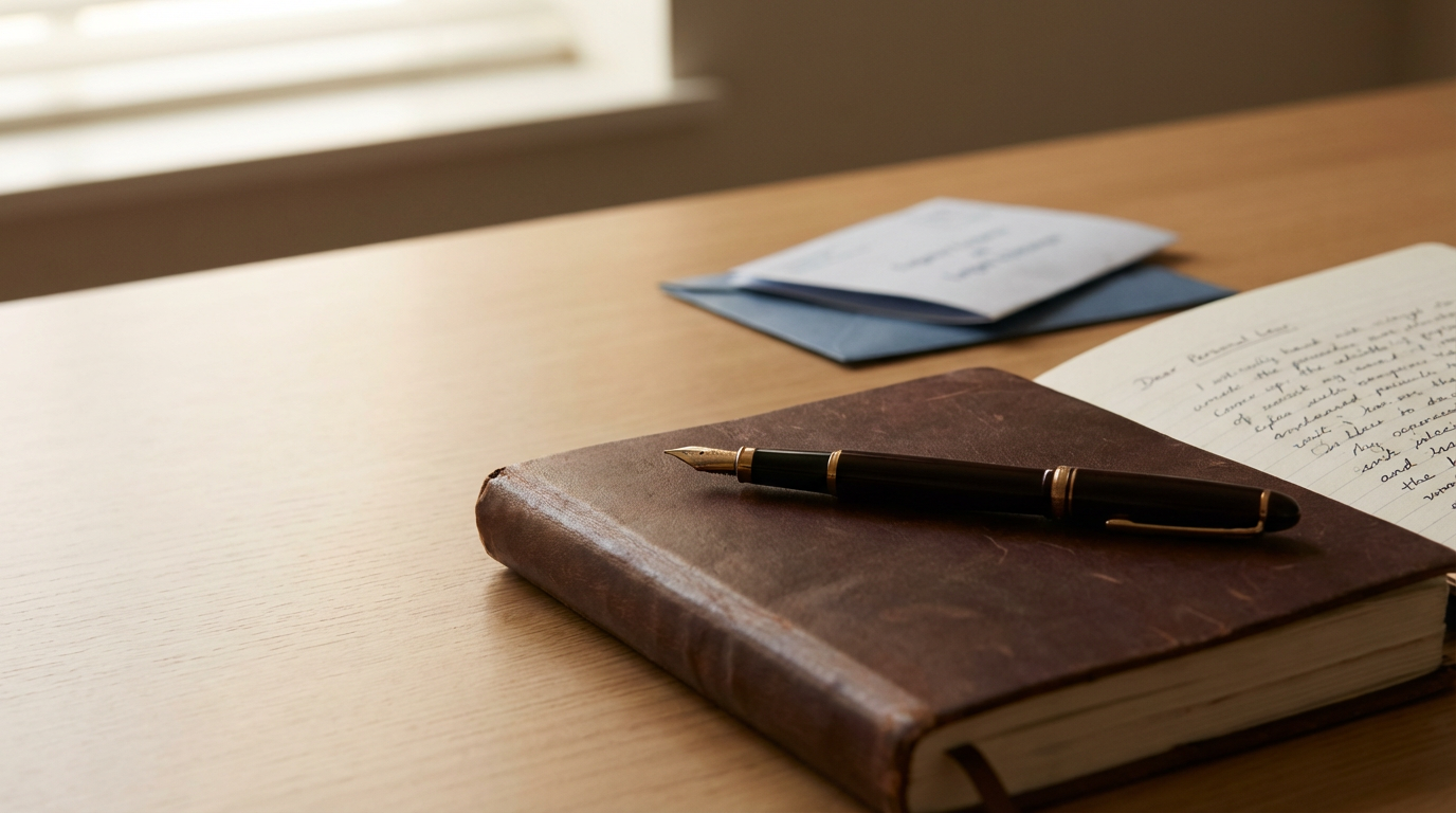 A wooden desk with a closed leather-bound journal, a fountain pen resting on top, and handwritten notes and envelopes nearby. A window with partially closed blinds is in the background.