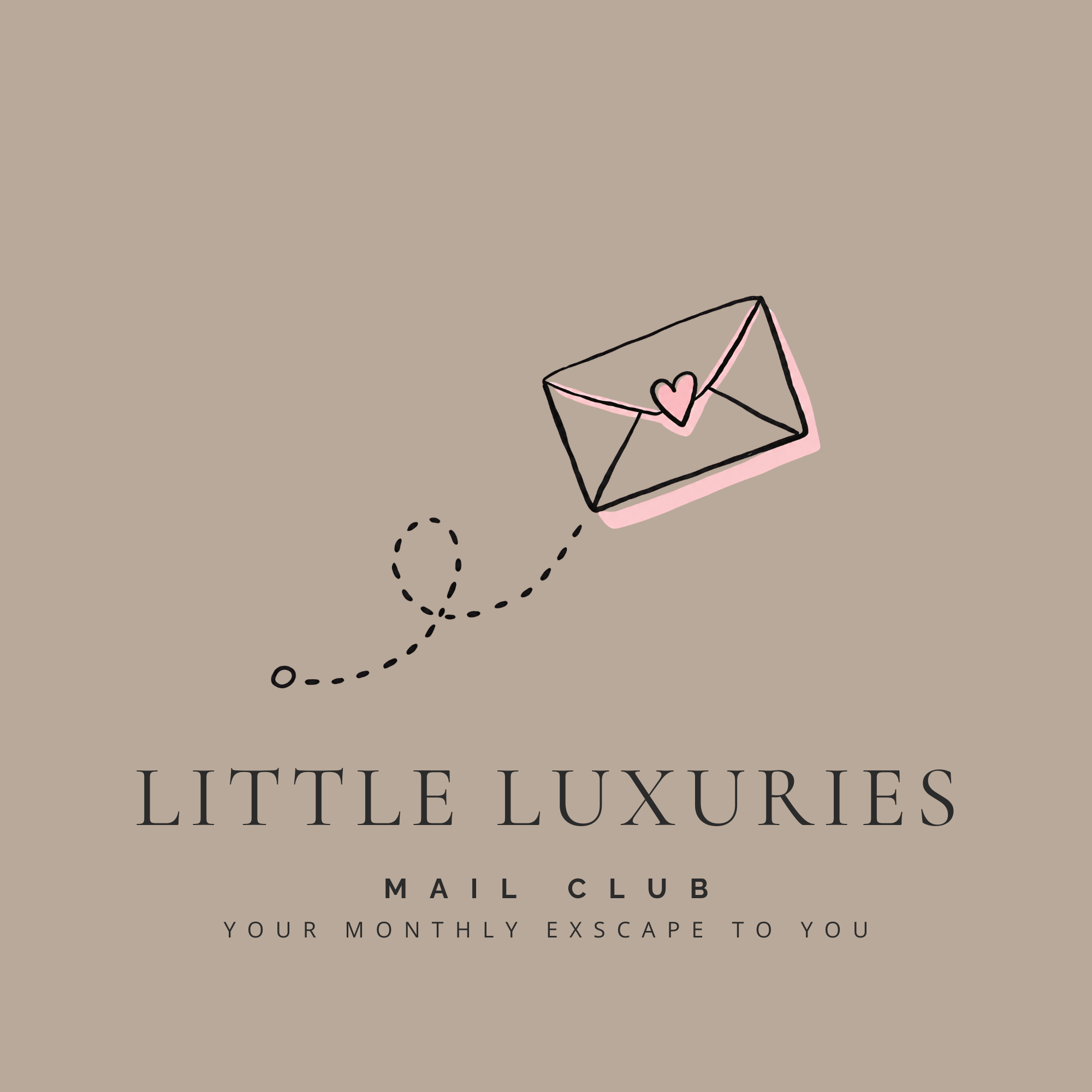 A minimalistic, illustrated envelope with a pink heart on it, and dotted flight path indicating it is being sent. The background is beige, and there is text promoting a luxury mail club with monthly surprises.