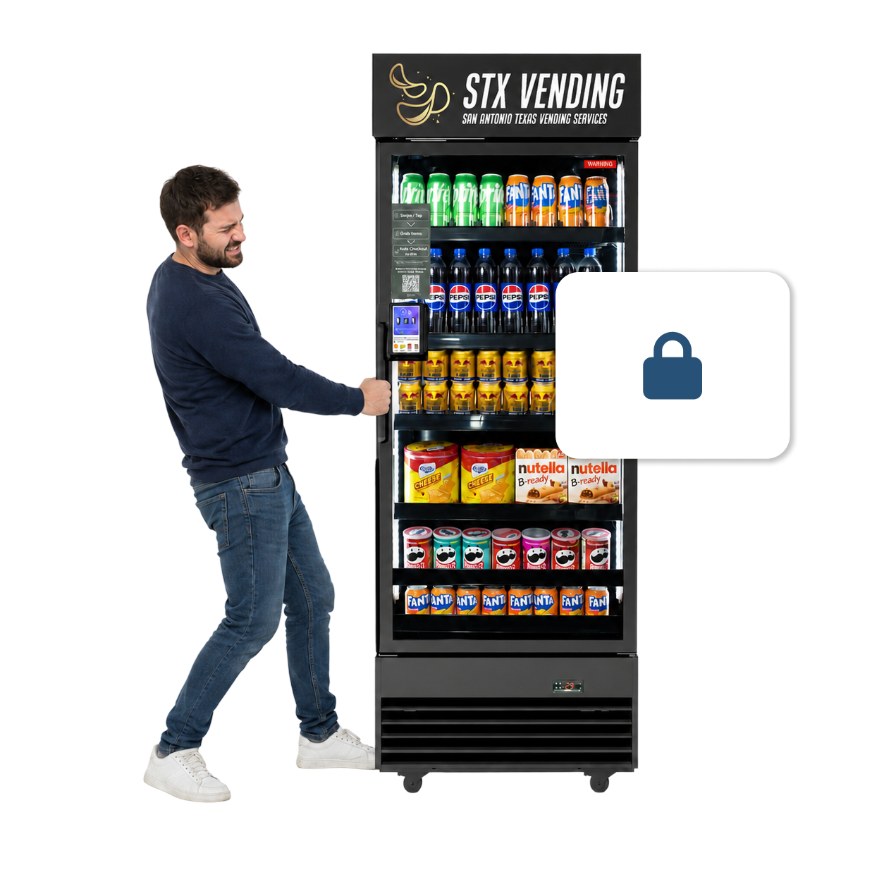 A man trying to open a vending machine, which is stocked with soda, chips, Nutella, and canned beverages. The vending machine has a sign on top that reads 'STX VENDING, San Antonio Texas Vending Services.'