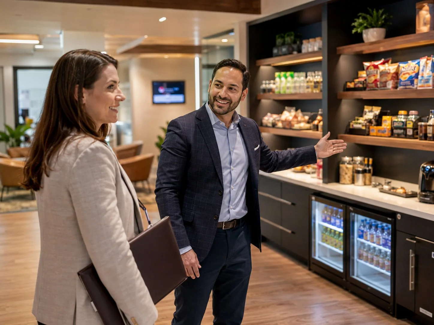 Man and woman talking in a coffee shop or lounge, with shelves of snacks and beverages behind them.