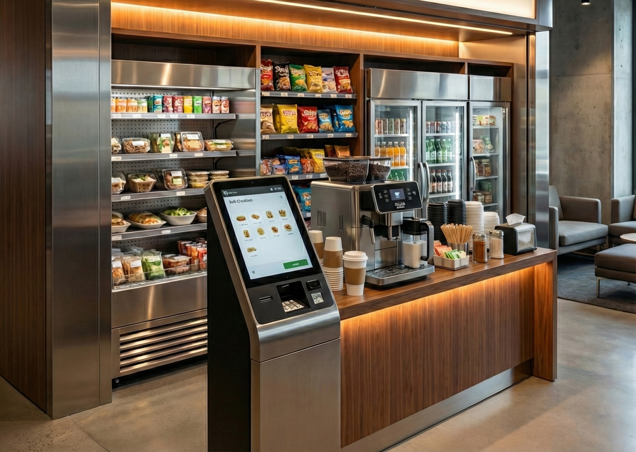 Coffee shop self-service area with snacks, refrigerated drinks, and a payment kiosk.