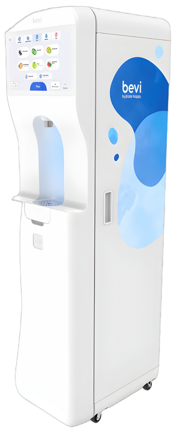A self-serve water dispenser machine with a digital screen displaying drink options and a spout for filling bottles.
