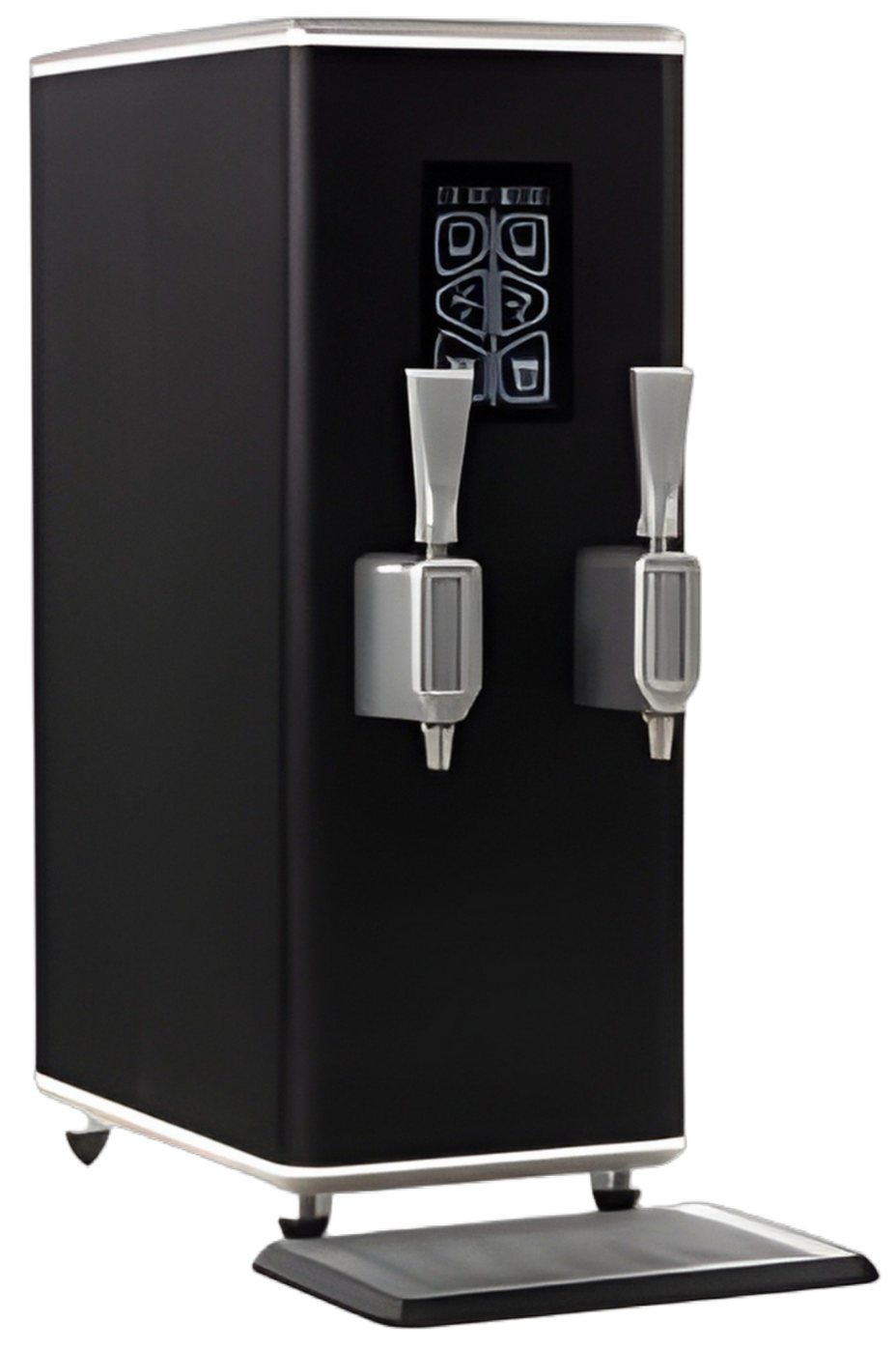 Close-up of a black and silver beverage dispenser with two spouts and a patterned design on the front.