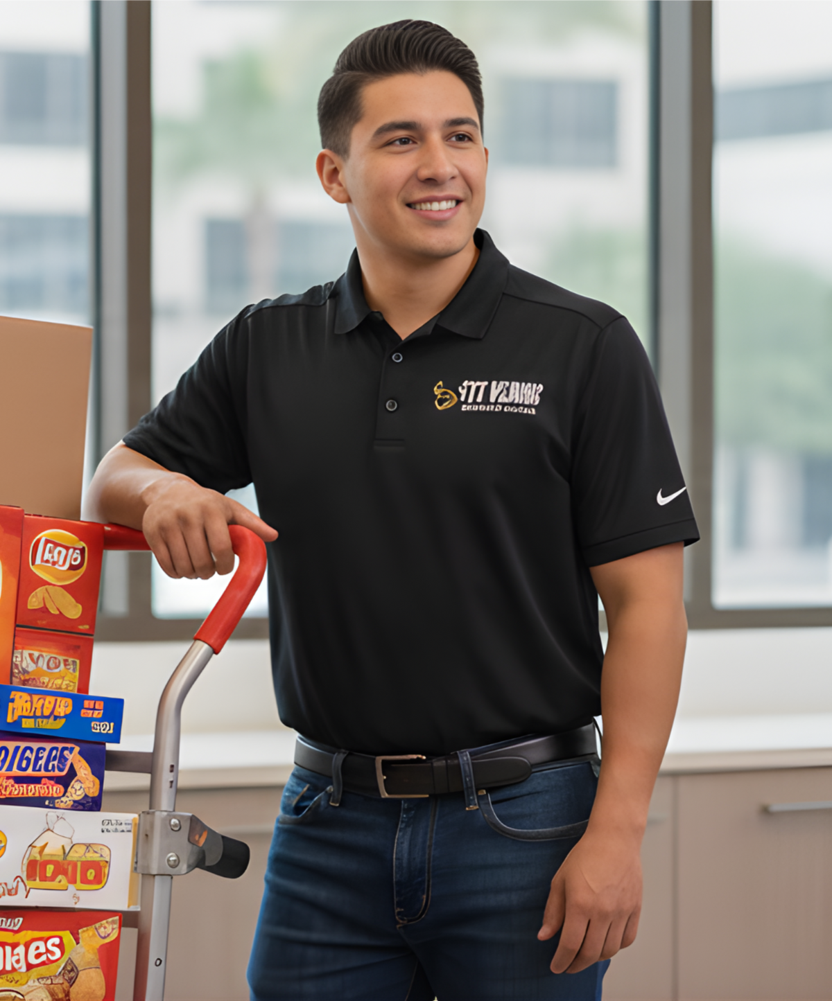 A young man with dark hair wearing a black polo shirt and jeans, standing inside a store next to a shopping cart filled with snack bags. He is smiling and holding the handle of the cart, with large windows in the background.