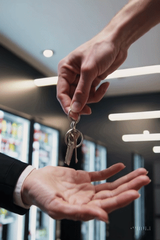 Person handing over keys to another person in a public indoor setting.