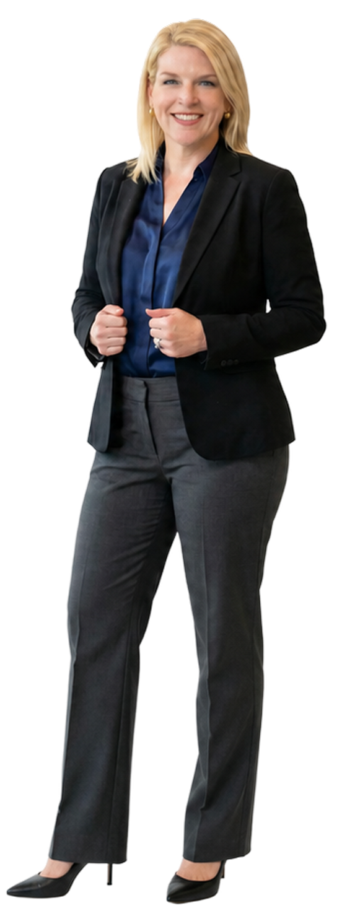 Professional woman with blonde hair wearing a black blazer, blue blouse, gray pants, and black heels, standing confidently with hands at her sides.
