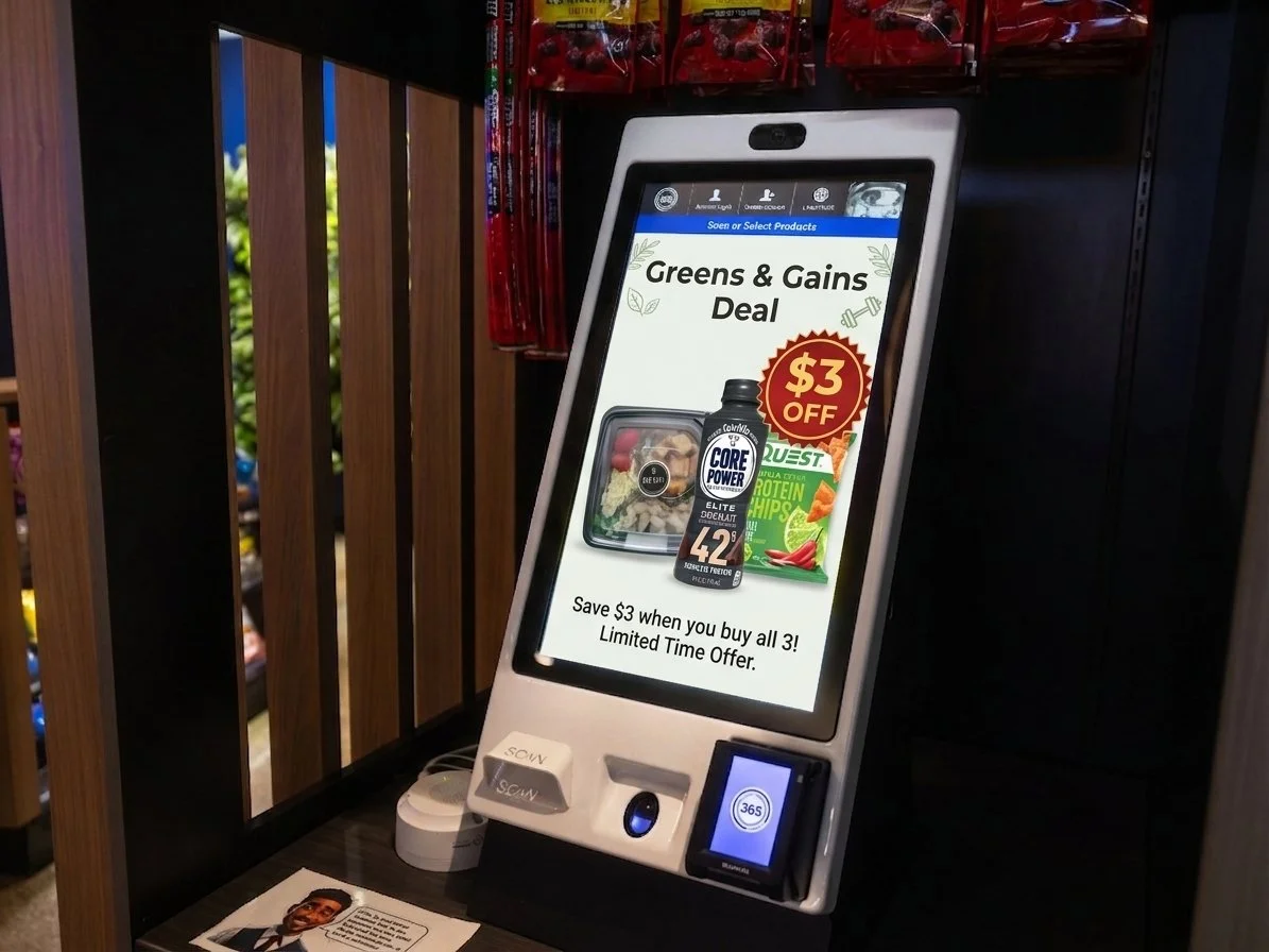 Self-checkout kiosk at a grocery store with a promotional digital display for a Greens & Gains Deal, offering savings of $3 when purchasing three items, including a salad, protein shake, and protein chips.