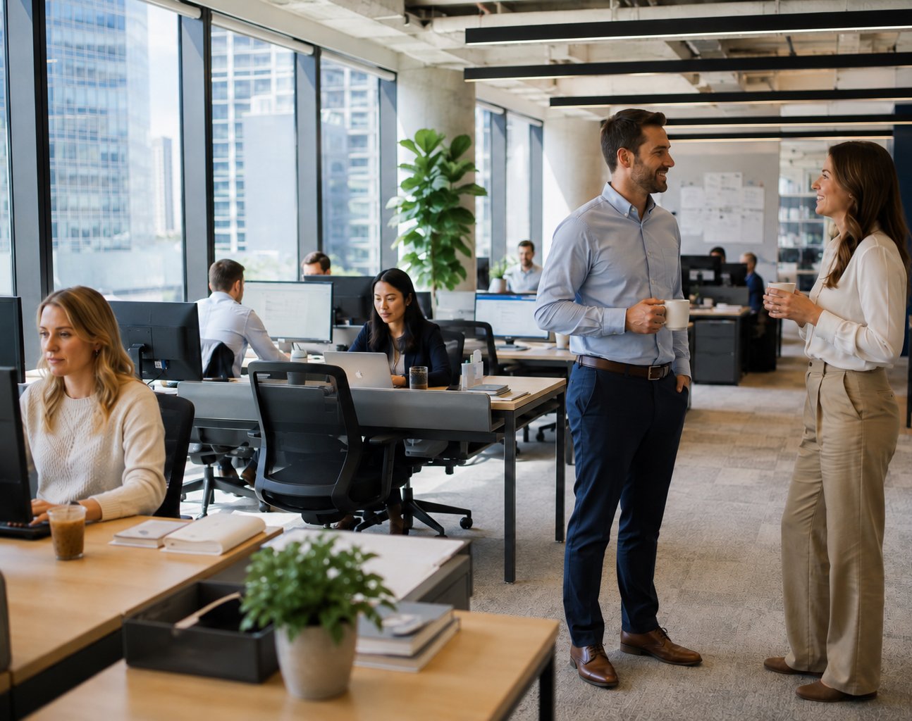 Office workers working at desks with large windows and city views, two colleagues standing and chatting with coffee cups.