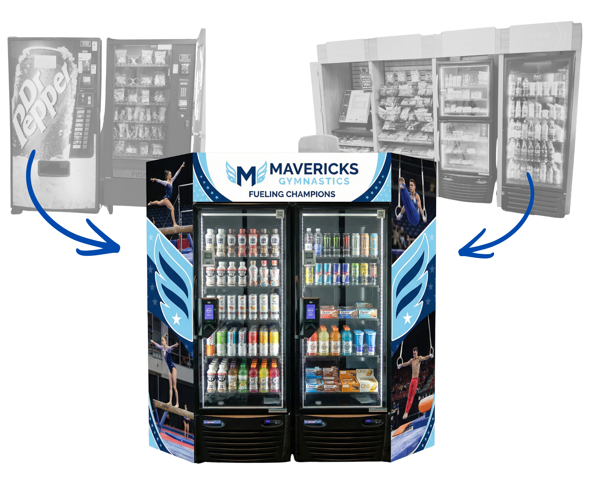 A vending machine and snack fridge with a Mavericks gymnastics banner, featuring athletes performing routines, in an indoor sports arena.