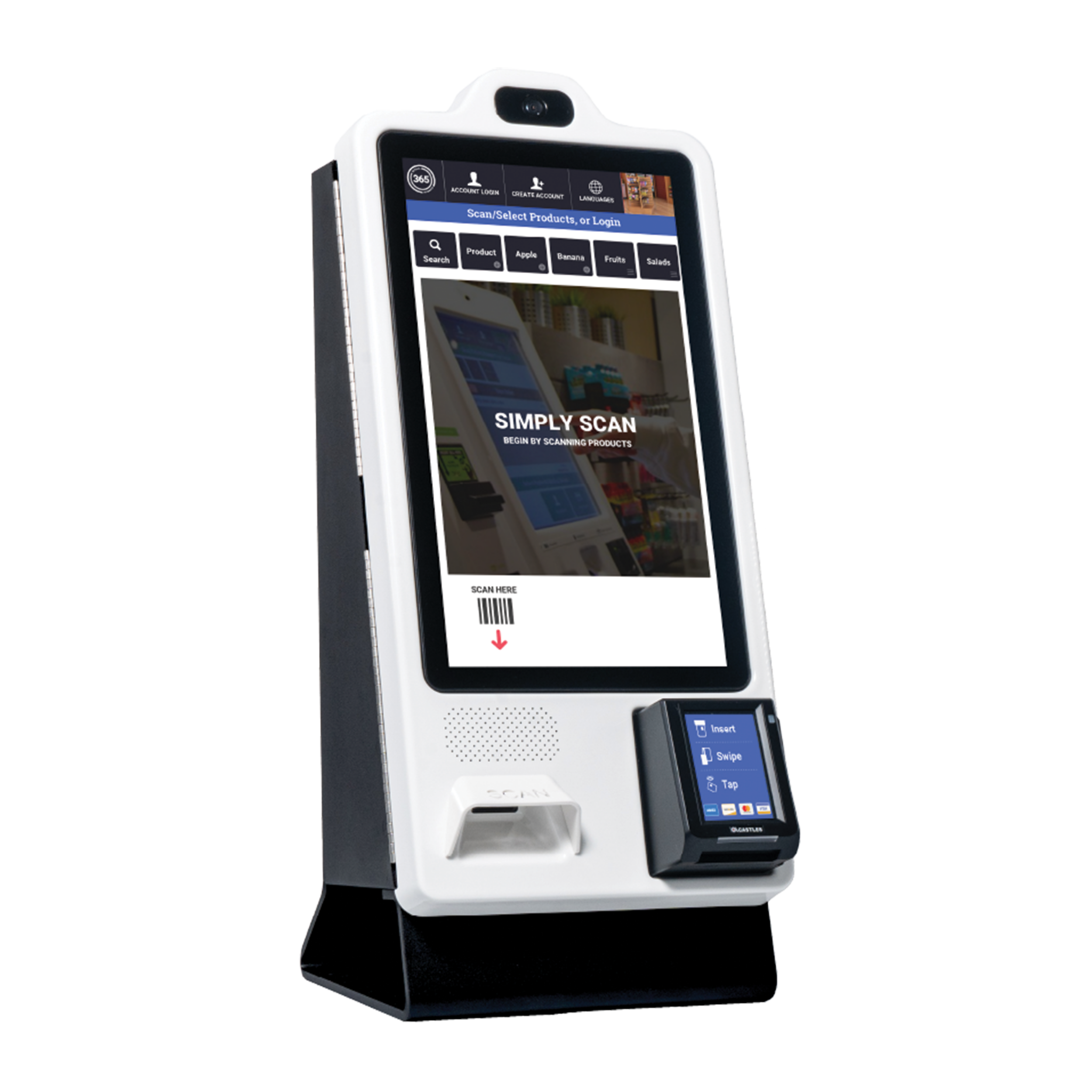 A handheld barcode scanner with a touchscreen display scanning a barcode at a checkout or inventory station.