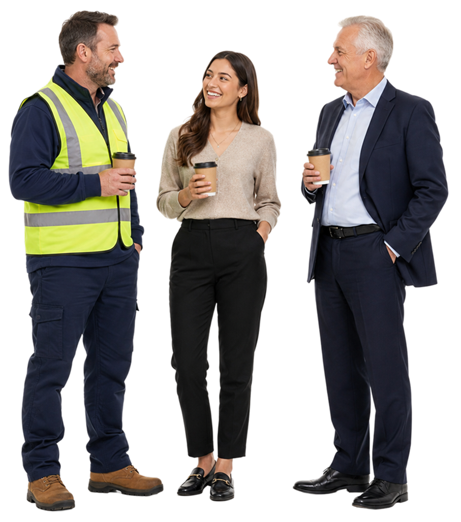 Three people, two men and one woman, standing together and holding coffee cups. They are dressed in business and safety attire and are engaged in conversation, smiling at each other.