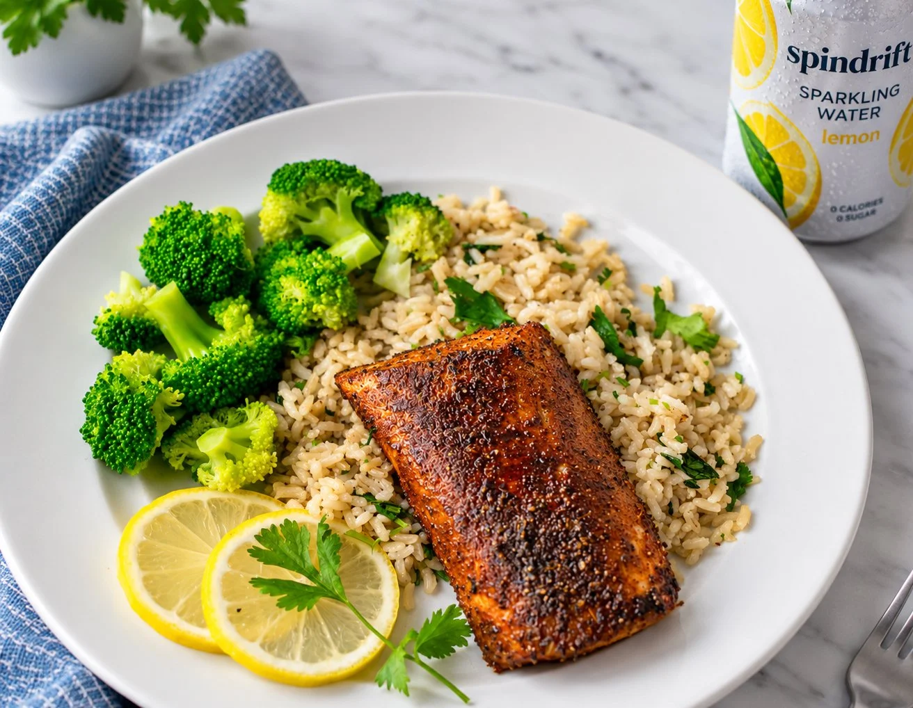 blackend mahi mahi over cilantro lime rice with a beverage
