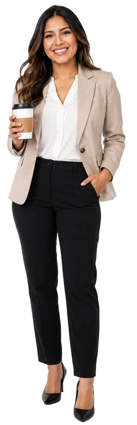 A smiling woman with long, wavy brown hair holding a takeaway coffee cup, wearing a beige blazer, white blouse, black pants, and black high heels.