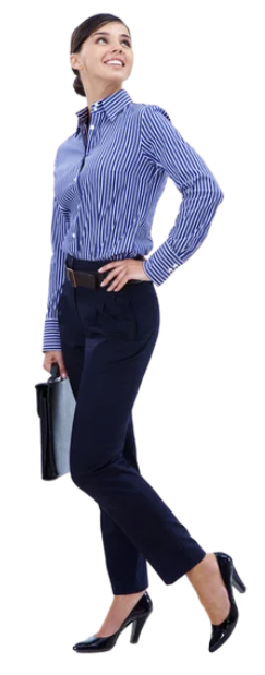 A woman in business attire holding a briefcase, smiling, standing confidently.