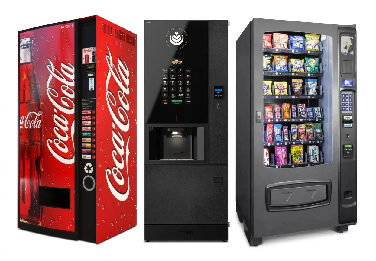 Three vending machines: one Coca-Cola soda machine, one coffee vending machine, and a snack vending machine with various snacks inside.