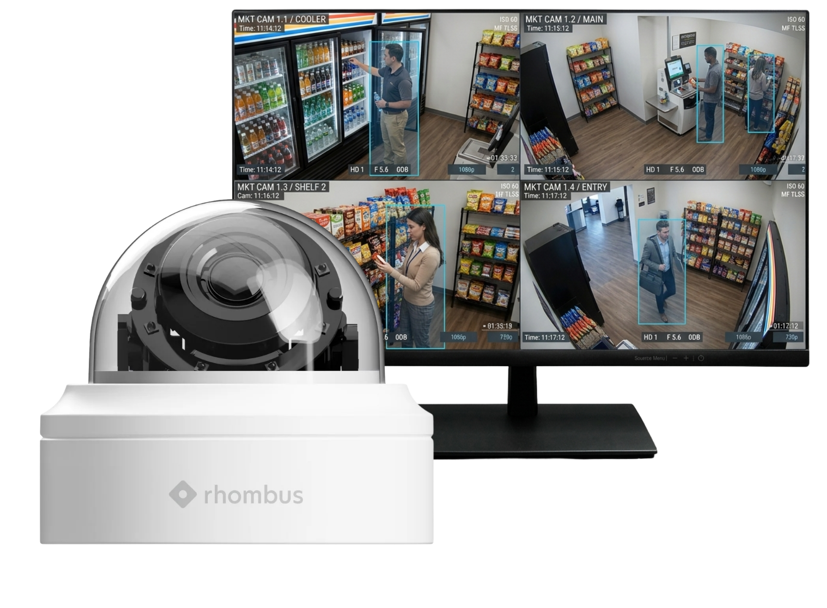 Surveillance camera system monitoring employees shopping in a grocery store, with four separate camera feeds showing individuals browsing shelves and using self-checkout kiosks.