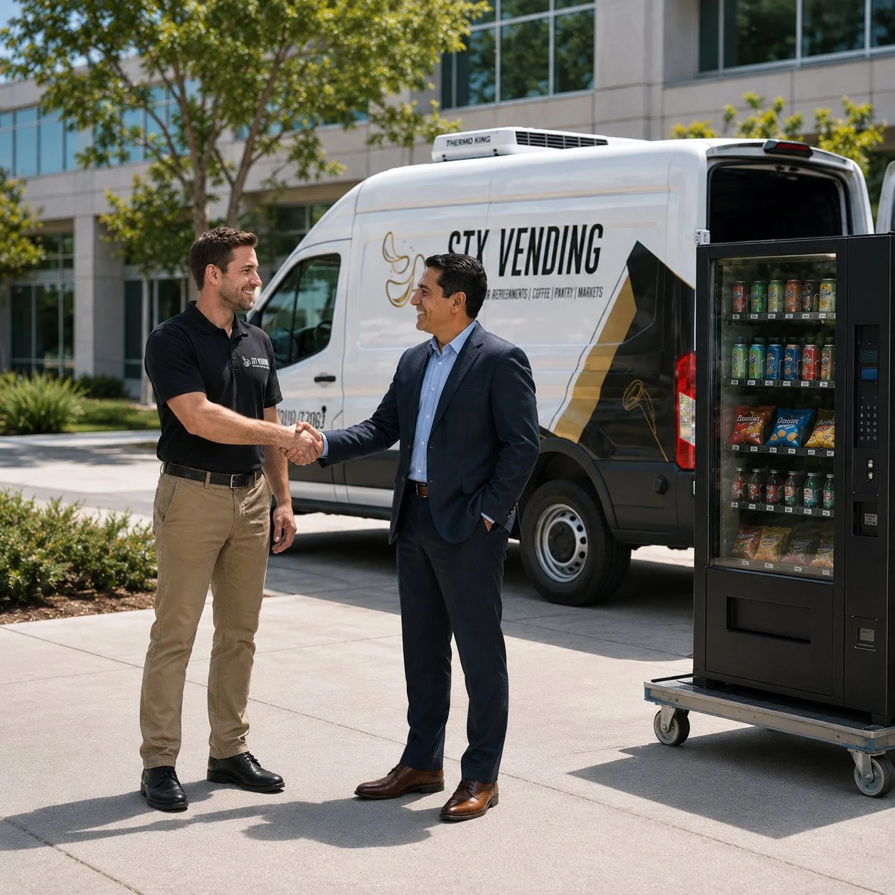 Two men shaking hands in front of a vending truck with snacks and drinks outside a modern office building on a sunny day.