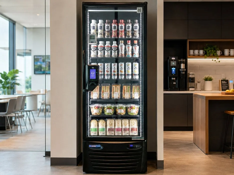 Vending machine in a modern office with health drinks, snacks, and salads, located next to a coffee station and a seating area.