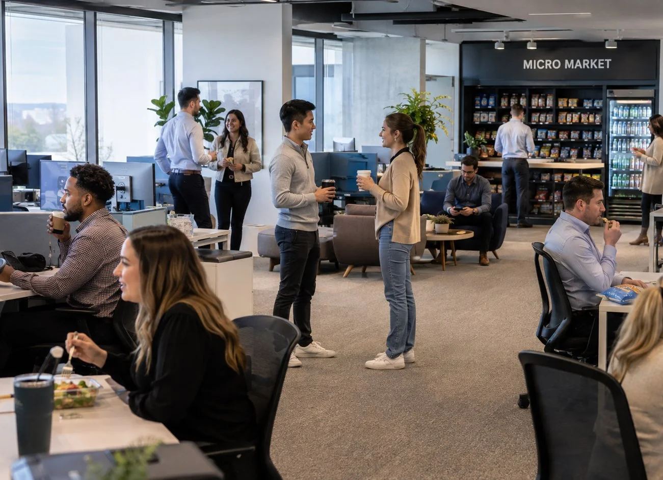Office scene with people chatting, eating, and working near a micro market area.