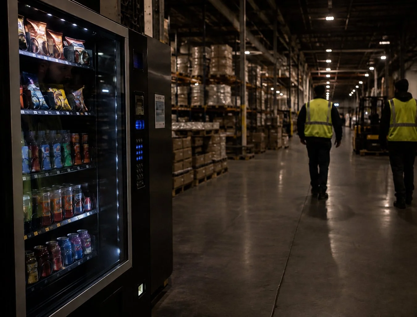 A vending machine with snacks in a warehouse aisle where two workers wearing yellow safety vests walk away in the background.